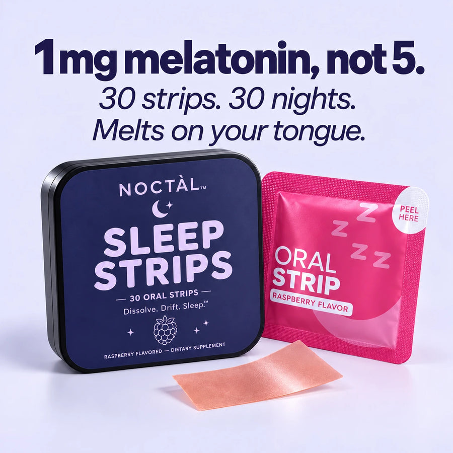 Noctàl Sleep Strips tin with a raspberry oral strip sachet and one thin strip: 1 mg melatonin, not 5. 30 strips, 30 nights. Melts on your tongue.