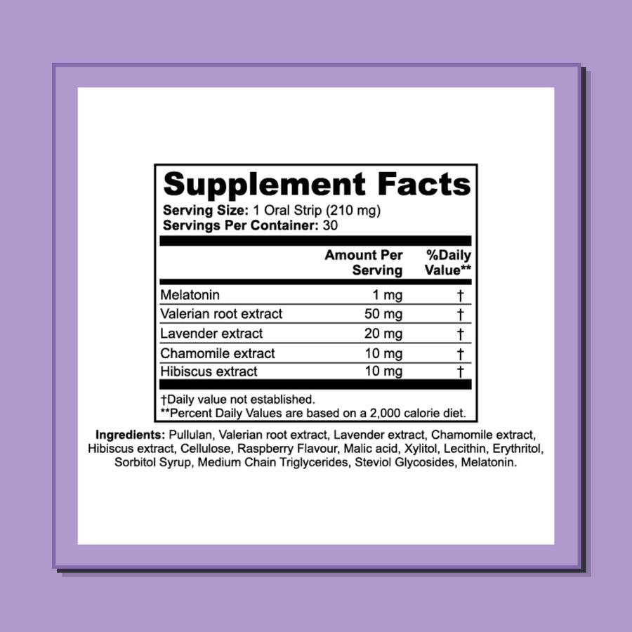 Noctàl Sleep Strips supplement facts: 1 mg melatonin plus valerian root, lavender, chamomile and hibiscus extracts.
