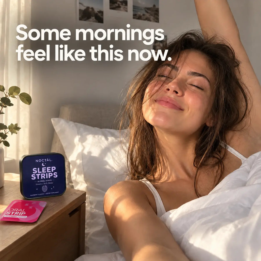 Some mornings feel like this now: woman stretching in the morning light, Noctàl Sleep Strips tin and a raspberry oral strip sachet on the nightstand. 1 mg melatonin, melts on your tongue, 60 nights risk-free.