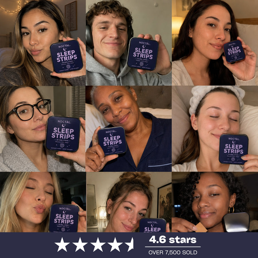Real Noctàl customers holding their Sleep Strips tin, 4.6 stars, over 7,500 sold.